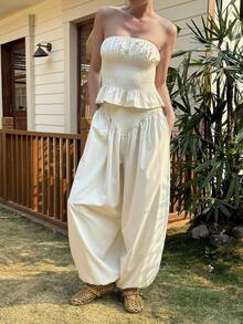 Livesso 春夏修身时尚荷叶边拼接白色抹胸上衣搭配宽松哈伦裤运动套装，宽松休闲度假海滩优雅通勤女装 - 米色 - 查看 5