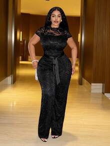 Slaydiva 秋季新款性感约会、生日派对、聚会、宴会、返校、学院风、学生装、日常出行、百搭基础款、休闲、邮轮旅行、爆款、街头风、优雅、通勤、商务休闲黑色纯色蕾丝吊带高领常规连体裤，大码连体裤，情人节穿搭 - 黑色 - 查看 12