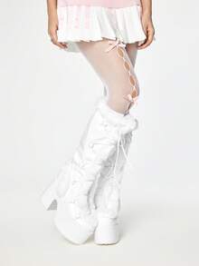 ROMWE Women's Autumn/Winter New High-Value Tall Boots, Round Toe Thick Heel Super High Heel Punk Sexy Furry Boots, Thick Sole High Heel Long Boots - White - View 3