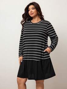 Enliva Plus Size Casual Everyday Striped Round Neck Ruffle Hem Dress, Autumn Dresses For Women, For Apple & Rounded Body Shape - Black and White - View 5