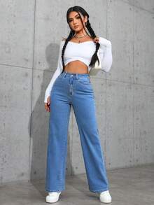 Jeanoix Women's High Waist Pockets Wide Leg Loose Casual Versatile Denim Pants - Medium Wash - View 7