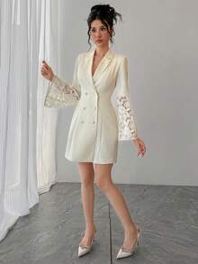 DAZY Vestido mini elegante de mujer con parches de encaje y cuello de blazer, vestido de invitada de boda de primavera/verano - Beis - Ver 3