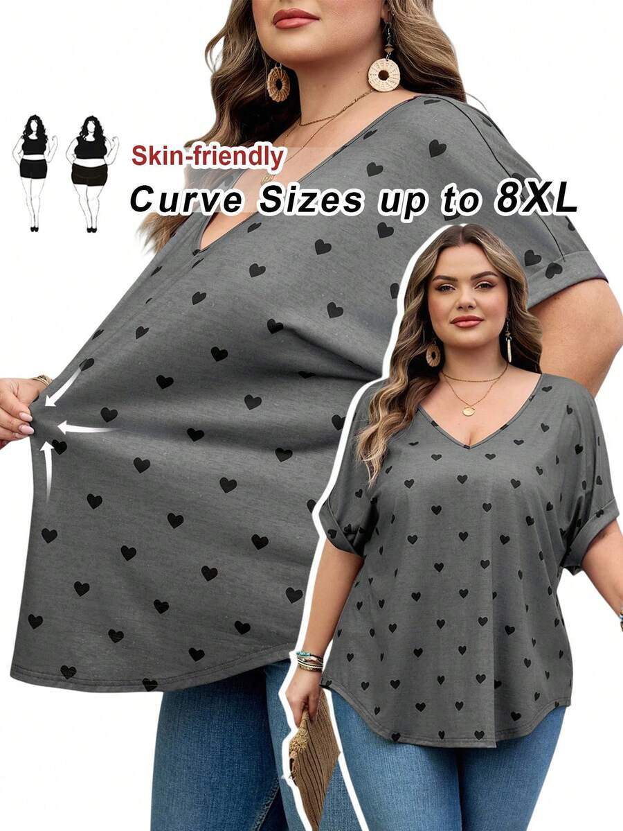 SHEIN CURVE+ Áo thun ngắn tay cổ chữ V tay cánh dơi in hình trái tim, cỡ US22, thích hợp cho lễ hội âm nhạc, kỳ nghỉ bên bờ biển, phong cách Bohemia, bộ đồ nữ xuân/hè. - Xám - Xem 1