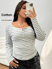 Solflare 新款加大码女式T恤，纽扣半开襟棉质条纹长袖休闲T恤，秋冬季，返校季，韩版风格，早午餐秋冬加大码修身长袖条纹T恤，侧褶设计，显瘦，休闲百搭 - 彩色 - 查看 6
