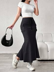 Aidyla Women's Solid Color Simple Daily Wear Drawstring Waist Skirt Maxi - Dark Grey - View 6