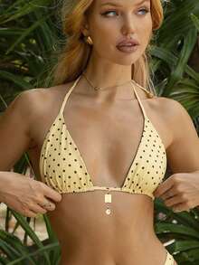 Swim Mod Women's Summer New Polka Dot Print Reversible Sexy Halter Bikini Top, Paired With Chic Metal Coconut Tree Pendant Swimsuit Top - Multicolor - View 3