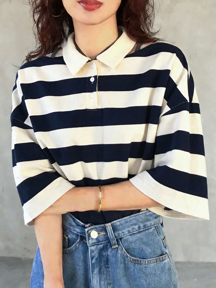 FRIFUL 95% Cotton Striped Polo Collar Drop Shoulder Short Sleeve Black & White Striped Loose Casual Versatile T-Shirt - Blue - View 1