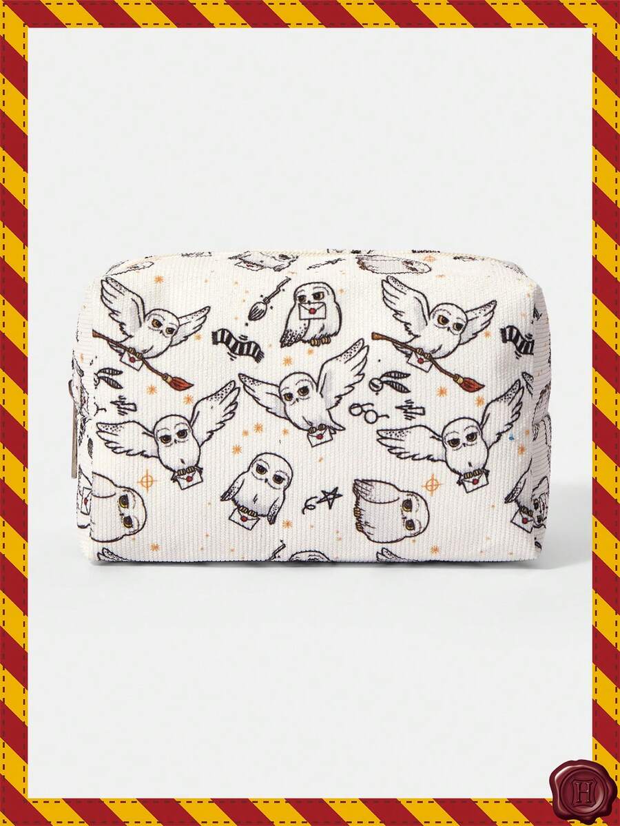 HARRY POTTER X SHEIN 1个卡通图案绗缝化妆包,便携式拉链化妆品收纳袋,多功能储物袋,轻便旅行包,男女通用 - 米色 - 查看 1