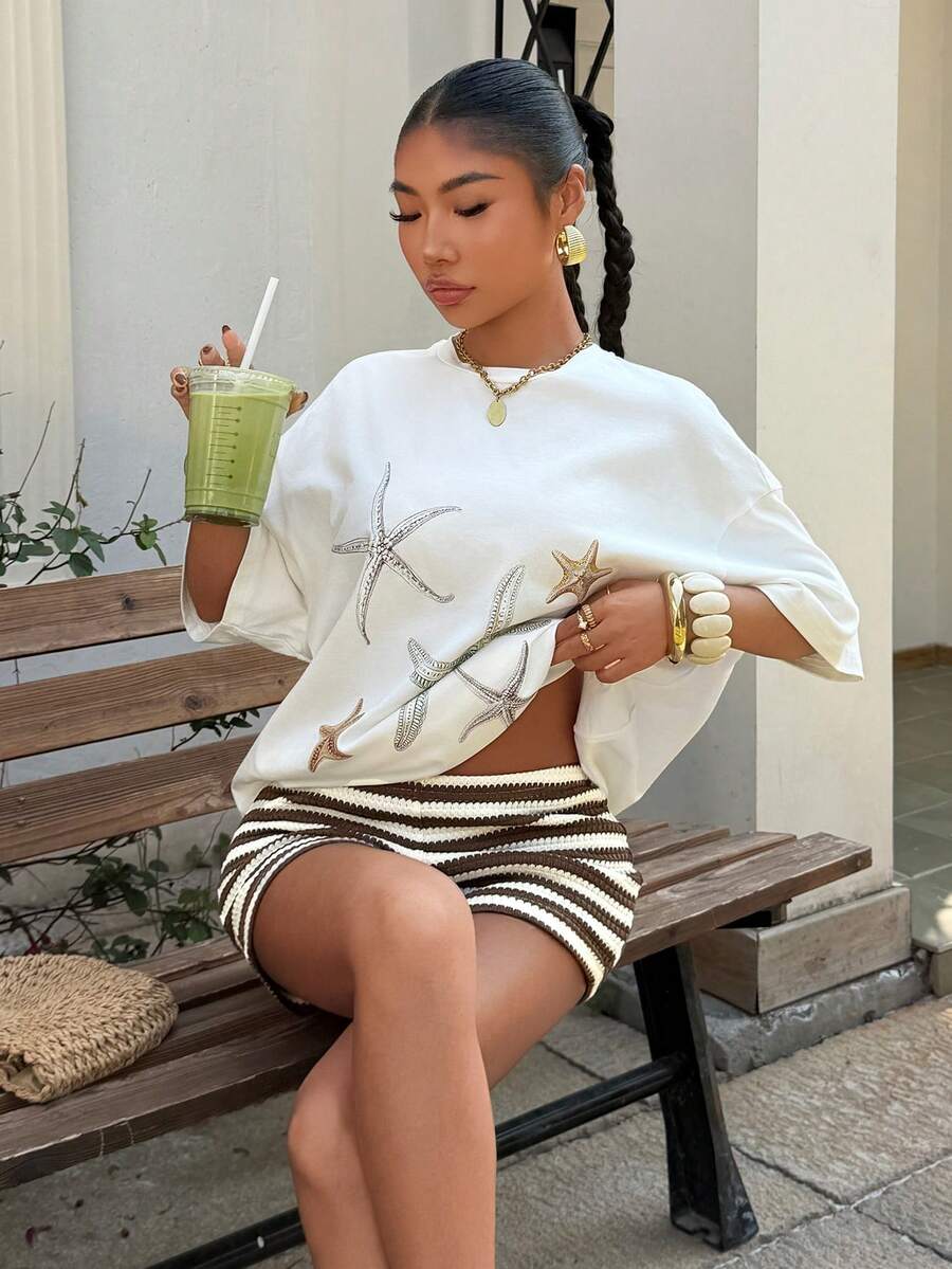 Muchica 海星印花T恤和条纹短裤套装，休闲度假装 - 白色 - 查看 1