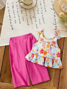 LMoss Kids 2pcs Baby Girl Floral Print Chiffon Sleeveless Top And Long Pants Summer Outfit Set - Multicolor - View 2