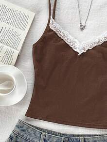 少女蕾丝拼接时尚百搭派对休闲吊带背心 - 棕色 - 查看 5