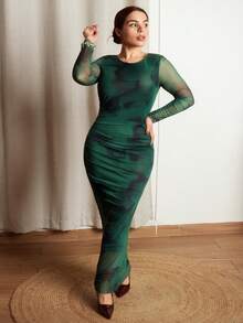 Lupita Cardoza 优雅渐变长袖修身女式连衣裙长款女装 - 墨綠色 - 查看 4