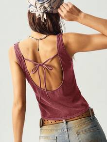 Bohemela Casual Solid Color Knitted Backless Fitted Women's Tank Top Tie Back Top Open Back Tops Backless Tops Bow Back Top Tie Back Tank - Rose Red - View 1