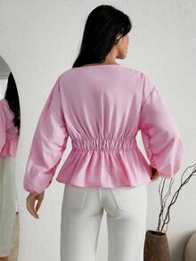 EURMUSE Pink Deep V-Neck Drawstring Blouse With Balloon Sleeves - Pink - View 4