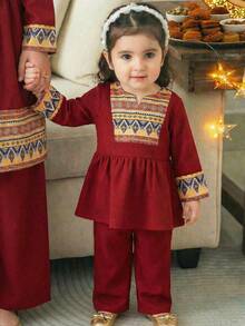 SHEIN 2pcs Set: Baby Girls Loose Fit Patchwork Collar Blouse And Pants, Wine Red - Red - View 3