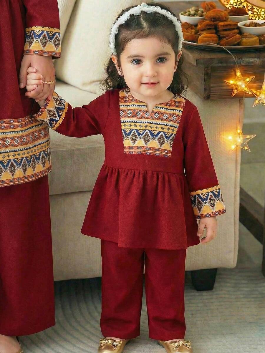 SHEIN 2pcs Set: Baby Girls Loose Fit Patchwork Collar Blouse And Pants, Wine Red - Red - View 1