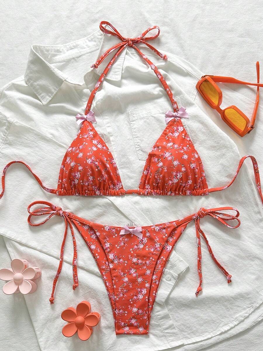 Swim Mod 女士随机印花露背蝴蝶结侧系带比基尼泳裤可爱比基尼套装，夏季 - 彩色 - 查看 1