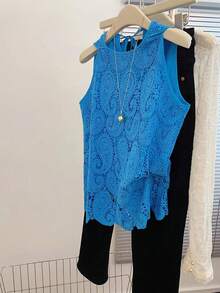 Resyla Women's Summer Casual Vacation Water-Soluble Lace Tie Back Blouse - Blue - View 3