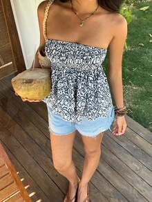 Sunnyshic 女士休闲度假日常百搭时尚波西米亚风佩斯利复古印花层叠荷叶边抹胸上衣 - 彩色 - 查看 6