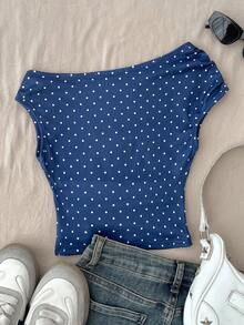 SHEIN Tween Girls Navy Blue Knit Casual Minimalist Polka Dot Print Asymmetric Ruched Crop Top, Suitable For Spring/Summer, Casual, Personalized Styling, Daily Wear - Navy Blue - View 2