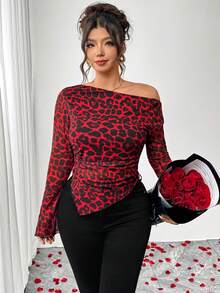 Elenzga Plus Size Women's Classy Leopard Print Long Sleeve Top,Off Shoulder Oblique Fitted T-Shirt,Black And Red Autumn Night Out Club Elastic Mesh Fabric - Multicolor - View 8