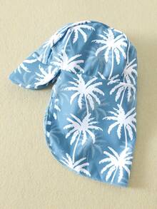 SHEIN Conjunto de 3 piezas para bebé unisex: Bañador de manga larga con protección solar y gorro con estampado de árbol de coco azul, adecuado para la playa, la piscina y las vacaciones - Neblina azul - Ver 5