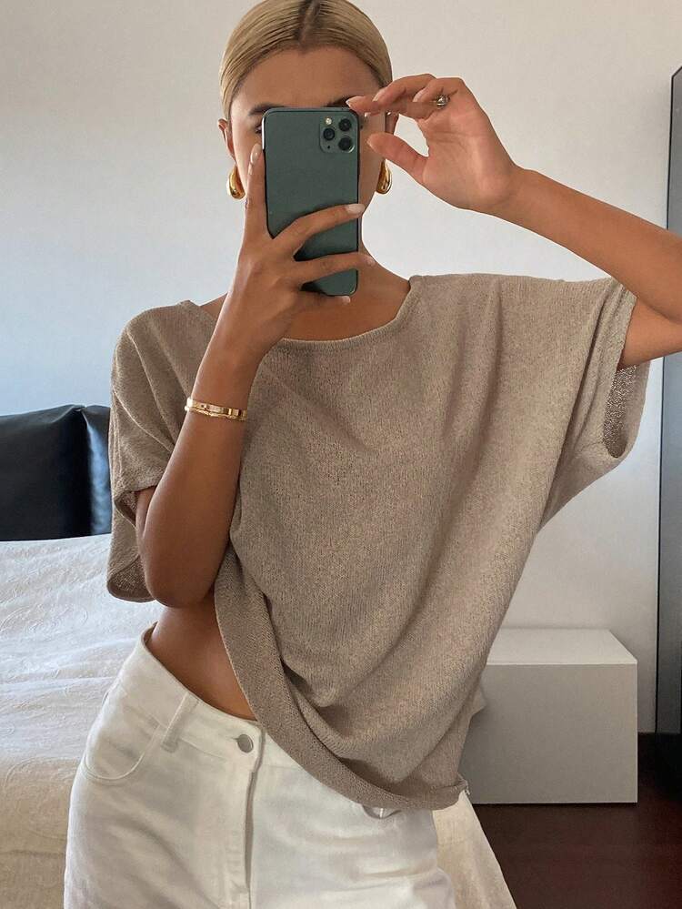 Women's Loose Fit Solid Color Cold-Shoulder Half Sleeve Casual Vacation Lightweight Knit Sweater, Spring/Autumn Summer