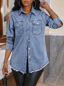 SHEIN PETITE Women's Casual Long Sleeve Denim Blouse - Light Wash - View 5