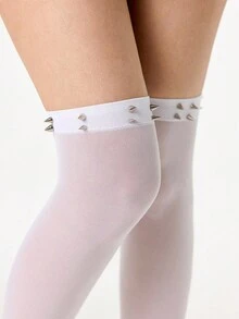ROMWE Goth 一双朋克风铆钉袜，Y2K白色过膝袜，春夏过膝袜，时尚百搭袜 - 白色鉚釘 - 查看 2