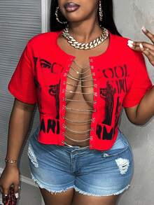 Slaydiva 女士加大码性感时尚镂空印花 T 恤，适合夏季 - 紅色 - 查看 7