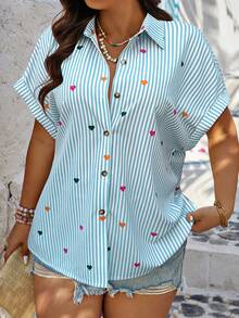 Calvaya Áo kiểu tay cánh dơi dáng rộng, cỡ lớn, cài cúc trước, họa tiết trái tim, thích hợp cho dịp Valentine. - Nhiều màu - Xem 4