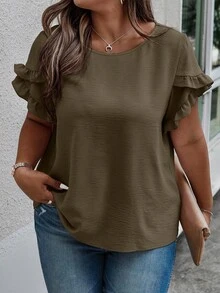 SHEIN Clasi 大码夏季休闲纯色荷叶边衬衫 - 棕色 - 查看 4