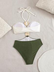 Swim Chiccia 女士黑白撞色露背金属饰品时尚优雅连体泳衣，适合海滩、音乐节、春夏穿着 - 彩色 - 查看 2