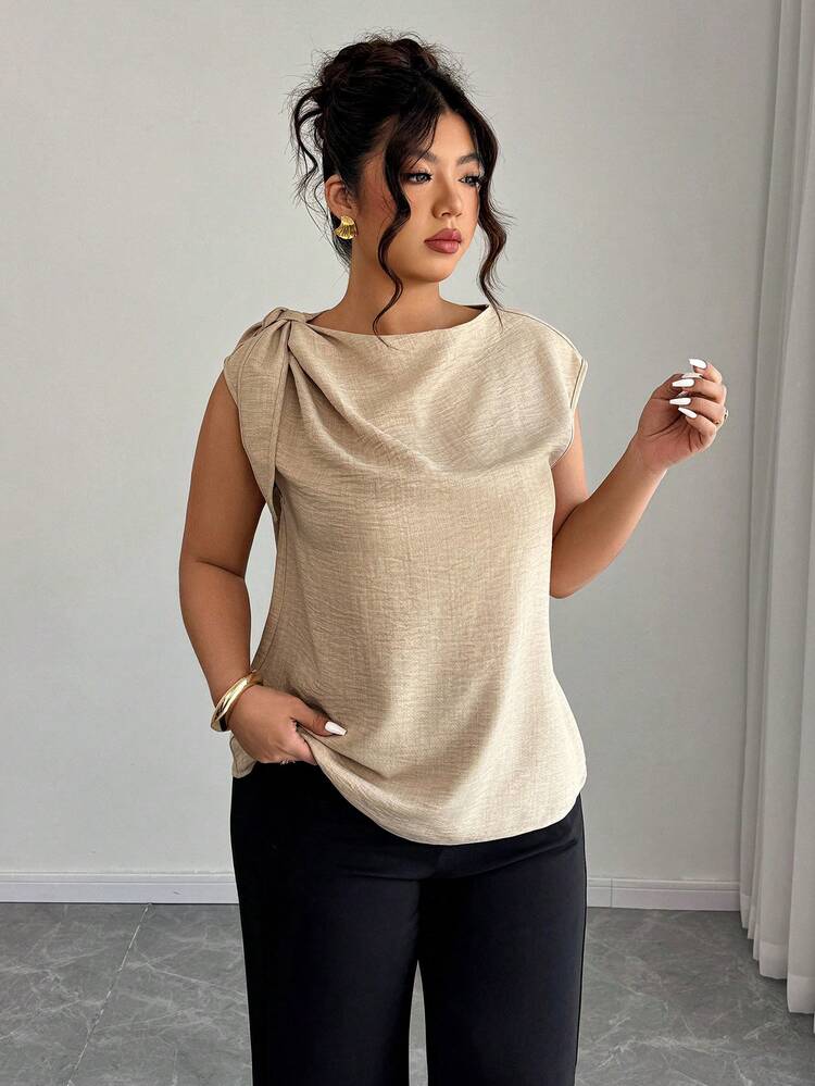 Elenzga Beige Linen-Cotton Sleeveless Shirt With Shoulder Ties: Casual For Vacations, Stylish For Streetwear, Suitable For Office - Plus-Size Blouse For Spring & Summer - Khaki - View 4