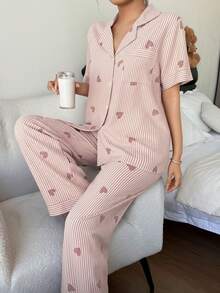 Dream Adore Bộ đồ ngủ nữ tay ngắn cổ bẻ in hình trái tim kẻ sọc - Hồng - Xem 3