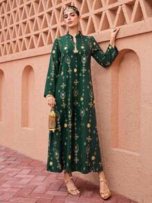 Al Najma 新款奢华金箔印花翻领流苏边宽松土耳其长袍 - 墨綠色 - 查看 5