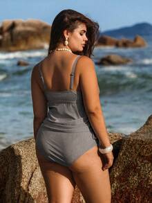 Swim Lushoire Bộ bikini cỡ lớn 2 mảnh, chất liệu vải in họa tiết xanh trắng, có dây rút ở eo và quần cạp cao, phù hợp cho kỳ nghỉ biển. - Đen và trắng - Xem 2