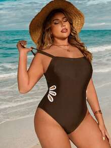 Swim Lushoire 大码镂空细肩带连体泳衣，夏季海滩度假 - 棕色 - 查看 5