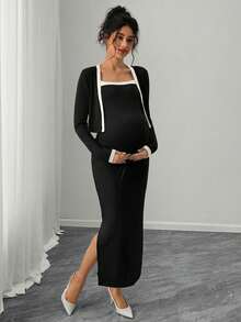 Momance 两件套孕妇拼接吊带连衣裙和长袖开襟上衣，休闲度假装 - 黑色 - 查看 5