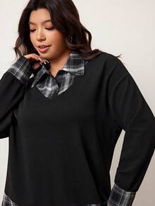 Enliva 大码女式格子拼布衬衫领长袖休闲宽松上衣 - 彩色 - 查看 5