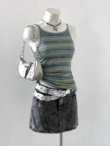 INAWLY 女士夏季休闲度假日常通勤时尚街头撞色条纹印花系带露背修身吊带衫 - 藍色 - 查看 3