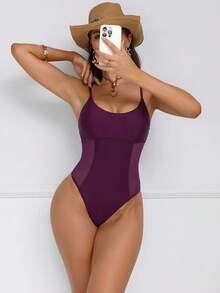 Shapewave Áo tắm liền thân nữ bằng vải lưới phối nhiều mảnh, có dây rút, ôm bụng, nâng ngực, màu đen, cổ tròn. - Màu đỏ tím - Xem 6