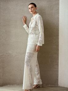 MOTF PREMIUM WOMEN'S APRICOT LOOSE CONTRAST LACE LONG SLEEVE SEMI-SHEER BLOUSE - Apricot - View 5