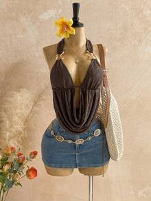 Soleia Áo tank top nữ thanh lịch kiểu bohemian nhiệt đới không tay, chất liệu dệt kim, màu nâu, cổ yếm, thích hợp cho các dịp xuân/hè như đi học, đi biển, đám cưới, lễ tốt nghiệp, tiệc brunch, ngày lễ Thánh Patrick, kỳ nghỉ xuân, lễ Phục sinh, lễ hội âm nhạc. - màu nâu - Xem 1
