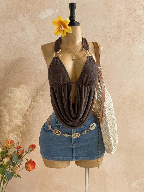 Soleia Camiseta sin mangas de punto con textura de cuello halter en color marrón, estilo bohemio tropical elegante, adecuada para ocasiones de primavera/verano como escuela, playa, boda, graduación, brunch, Día de San Patricio, vacaciones de primavera, Pascua, festivales de música