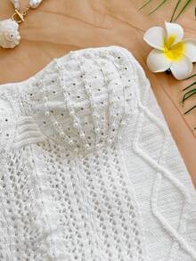 Soleia Top de camiseta de punto de unicolor y diseño calado de moda para mujer - Beis - Ver 3