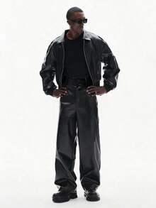 STYNVO Men's PU Leather Zip-Up Jacket And Pants Casual Suit Men's Y2k Clothes Men's Walking Suit Men's Work Clothes Dark Academia Clothes Men - Black - View 1