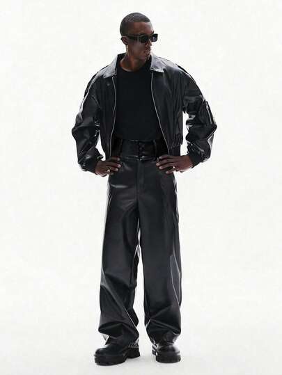 STYNVO Men's PU Leather Zip-Up Jacket And Pants Casual Suit Men's Y2k Clothes Men's Walking Suit Men's Work Clothes Dark Academia Clothes Men