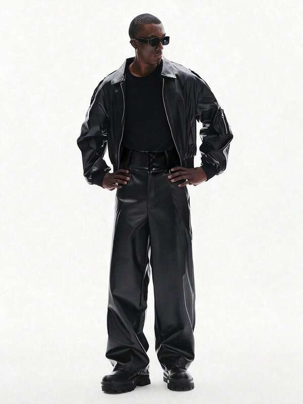 STYNVO Men's PU Leather Zip-Up Jacket And Pants Casual Suit Men's Y2k Clothes Men's Walking Suit Men's Work Clothes Dark Academia Clothes Men