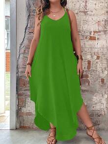 EMERY ROSE 大码纯色度假休闲连衣裙，弧形下摆，女士长款套装 - 綠色 - 查看 3